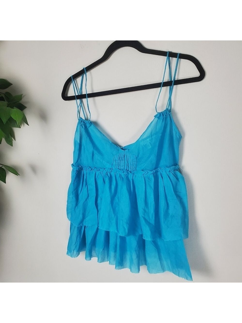 Zara Womens Blue Spaghetti Strap Ruffle Top Size Medium Vibrant Pastel Blue